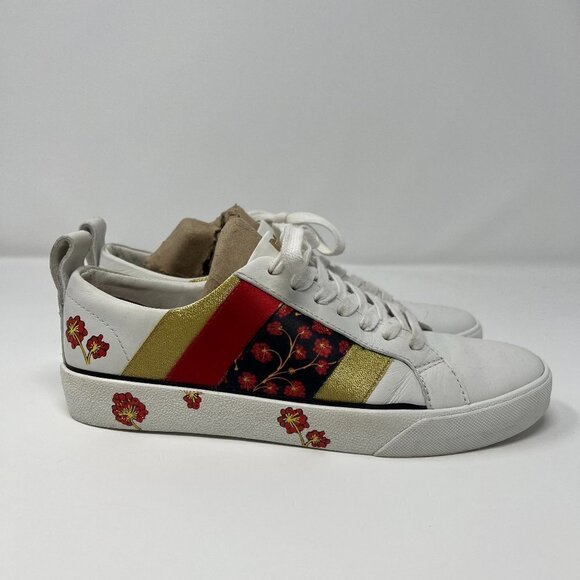 Diane Von Furstenberg Tess 9 Lace Up Sneakers Gold & Red Stripe & Floral Design - Picture 1 of 16